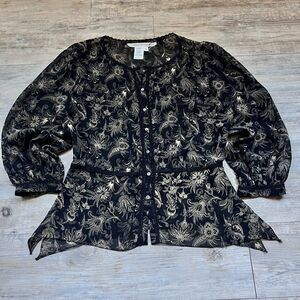 Max Studio 100% Silk Blouse Small Y2K Boho Floral Sheer Button Front Top